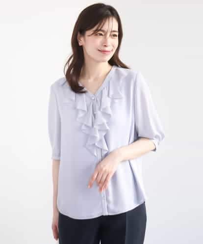 FIBGD16080 OFUON le MK ジョーゼットVネックフリルブラウス/洗える/WEB限定サイズあり