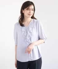 FIBGD16080 OFUON le MK(オフオン　ル　エムケー) ジョーゼットVネックフリルブラウス/洗える/WEB限定サイズあり グレイッシュブルー