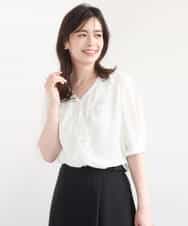 FIBGD16080 OFUON le MK(オフオン　ル　エムケー) ジョーゼットVネックフリルブラウス/洗える/WEB限定サイズあり グレイッシュブルー