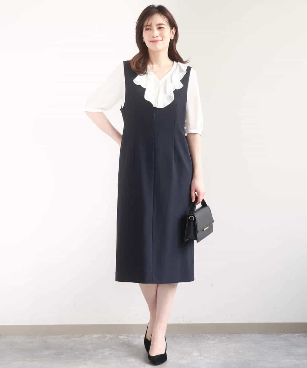 FIBGD16080 OFUON le MK(オフオン　ル　エムケー) ジョーゼットVネックフリルブラウス/洗える/WEB限定サイズあり グレイッシュブルー