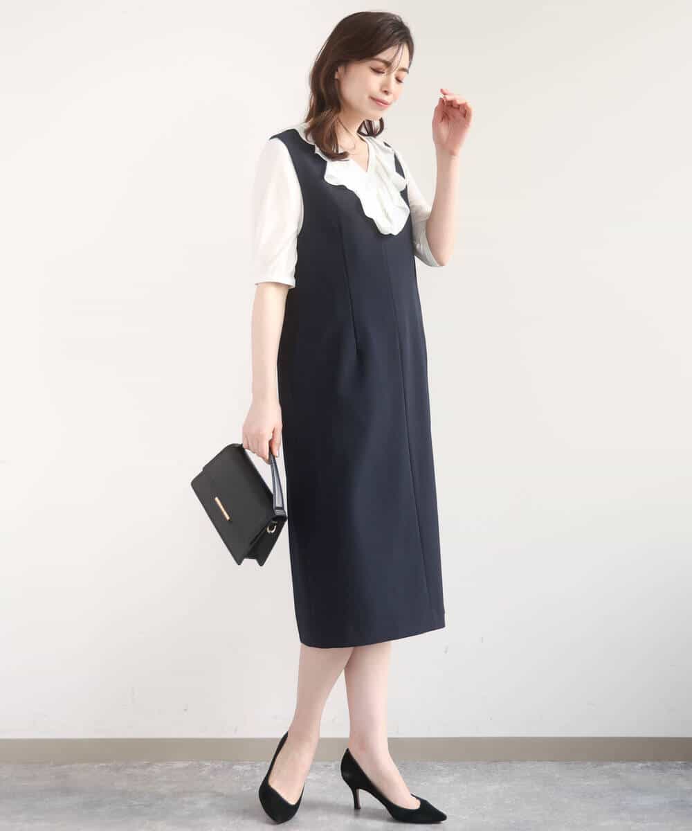 FIBGD16080 OFUON le MK(オフオン　ル　エムケー) ジョーゼットVネックフリルブラウス/洗える/WEB限定サイズあり グレイッシュブルー