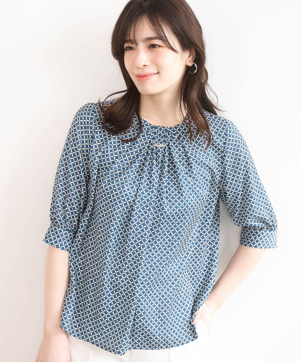 FIBGD19070 OFUON le MK(オフオン　ル　エムケー) 2WAYチャーム付き格子柄ブラウス/洗濯機で洗える/WEB限定サイズあり/セットアップ可 ブルーグリーン