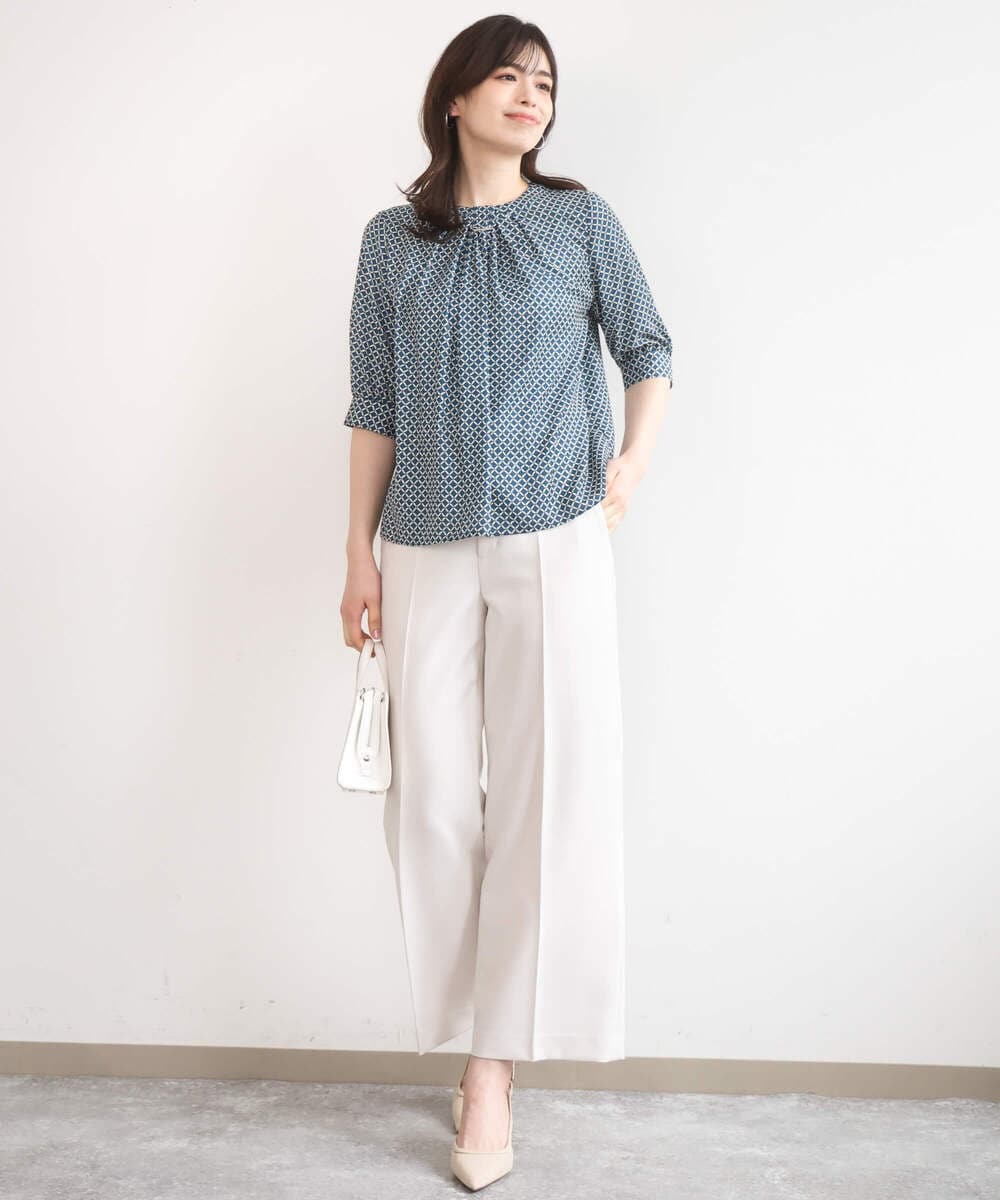 FIBGD19070 OFUON le MK(オフオン　ル　エムケー) 2WAYチャーム付き格子柄ブラウス/洗濯機で洗える/WEB限定サイズあり/セットアップ可 ブルーグリーン