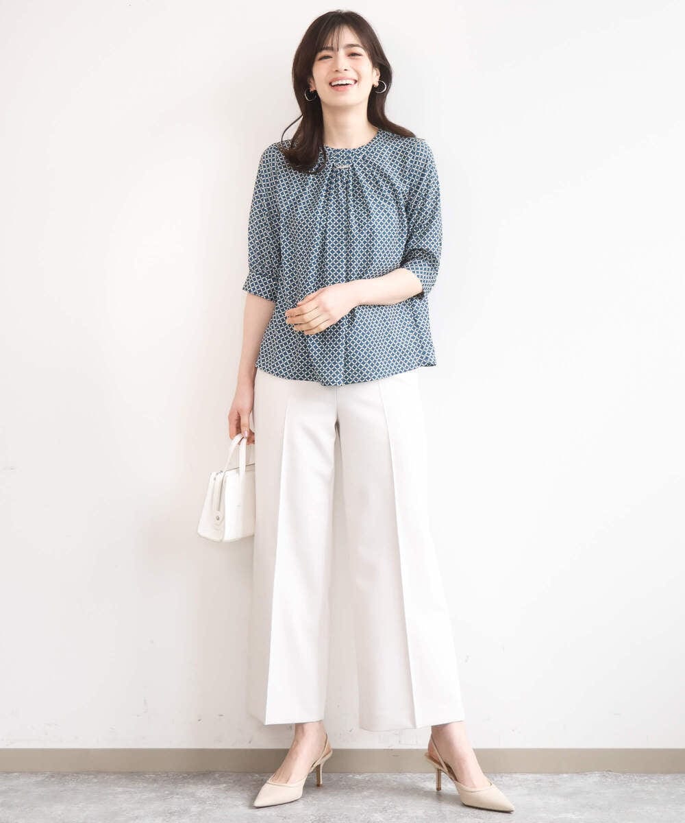 FIBGD19070 OFUON le MK(オフオン　ル　エムケー) 2WAYチャーム付き格子柄ブラウス/洗濯機で洗える/WEB限定サイズあり/セットアップ可 ブルーグリーン