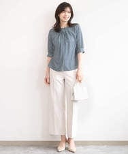 FIBGD19070 OFUON le MK(オフオン　ル　エムケー) 2WAYチャーム付き格子柄ブラウス/洗濯機で洗える/WEB限定サイズあり/セットアップ可 ブルーグリーン