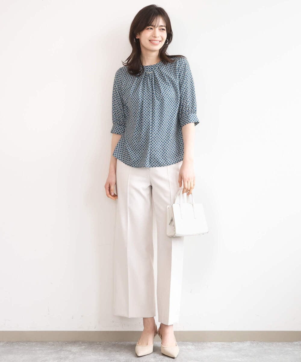 FIBGD19070 OFUON le MK(オフオン　ル　エムケー) 2WAYチャーム付き格子柄ブラウス/洗濯機で洗える/WEB限定サイズあり/セットアップ可 ブルーグリーン