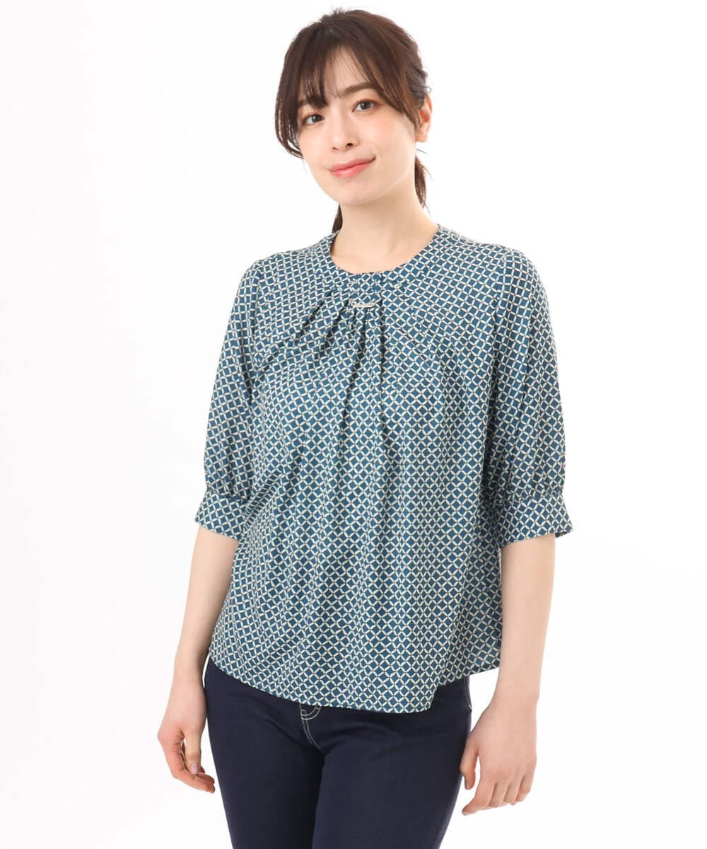 FIBGD19070 OFUON le MK(オフオン　ル　エムケー) 2WAYチャーム付き格子柄ブラウス/洗濯機で洗える/WEB限定サイズあり/セットアップ可 ブルーグリーン