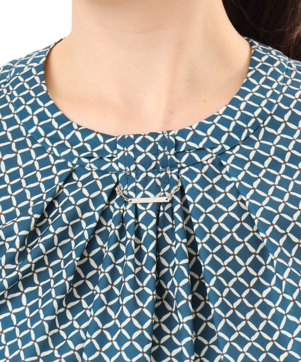 FIBGD19070 OFUON le MK(オフオン　ル　エムケー) 2WAYチャーム付き格子柄ブラウス/洗濯機で洗える/WEB限定サイズあり/セットアップ可 ブルーグリーン