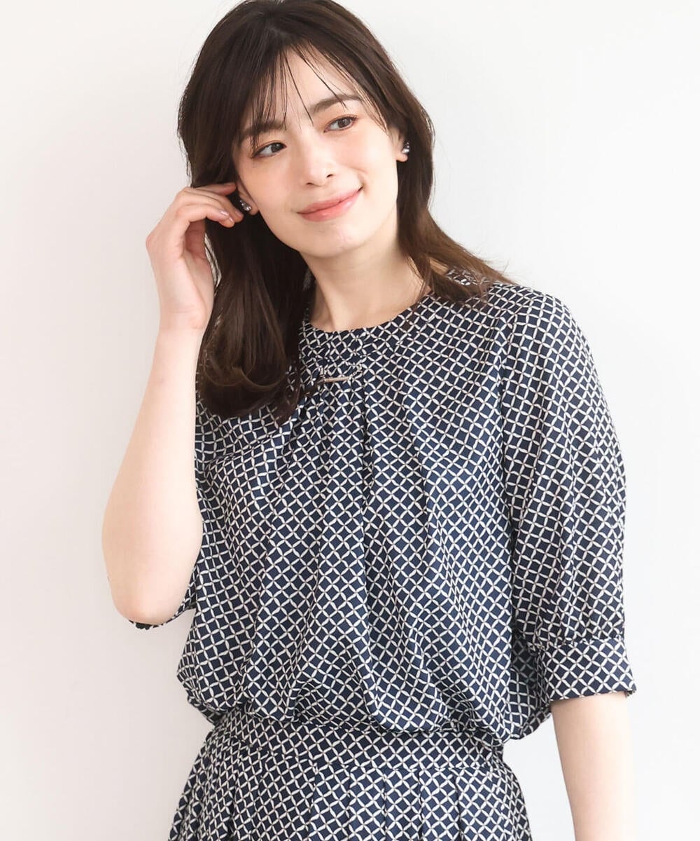 FIBGD19070 OFUON le MK(オフオン　ル　エムケー) 2WAYチャーム付き格子柄ブラウス/洗濯機で洗える/WEB限定サイズあり/セットアップ可 ブルーグリーン