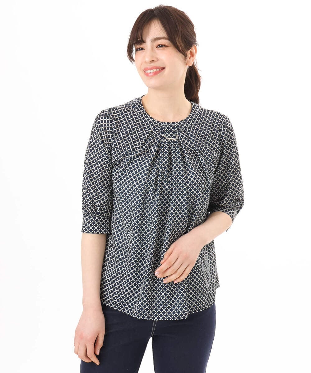 FIBGD19070 OFUON le MK(オフオン　ル　エムケー) 2WAYチャーム付き格子柄ブラウス/洗濯機で洗える/WEB限定サイズあり/セットアップ可 ブルーグリーン