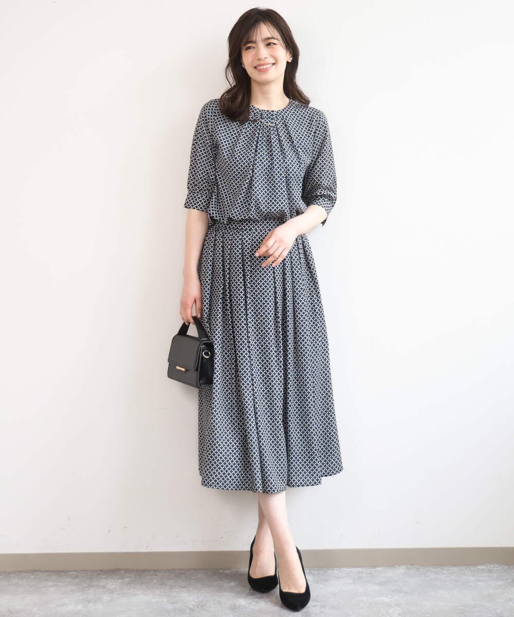 FIBGD19070 OFUON le MK(オフオン　ル　エムケー) 2WAYチャーム付き格子柄ブラウス/洗濯機で洗える/WEB限定サイズあり/セットアップ可 ブルーグリーン