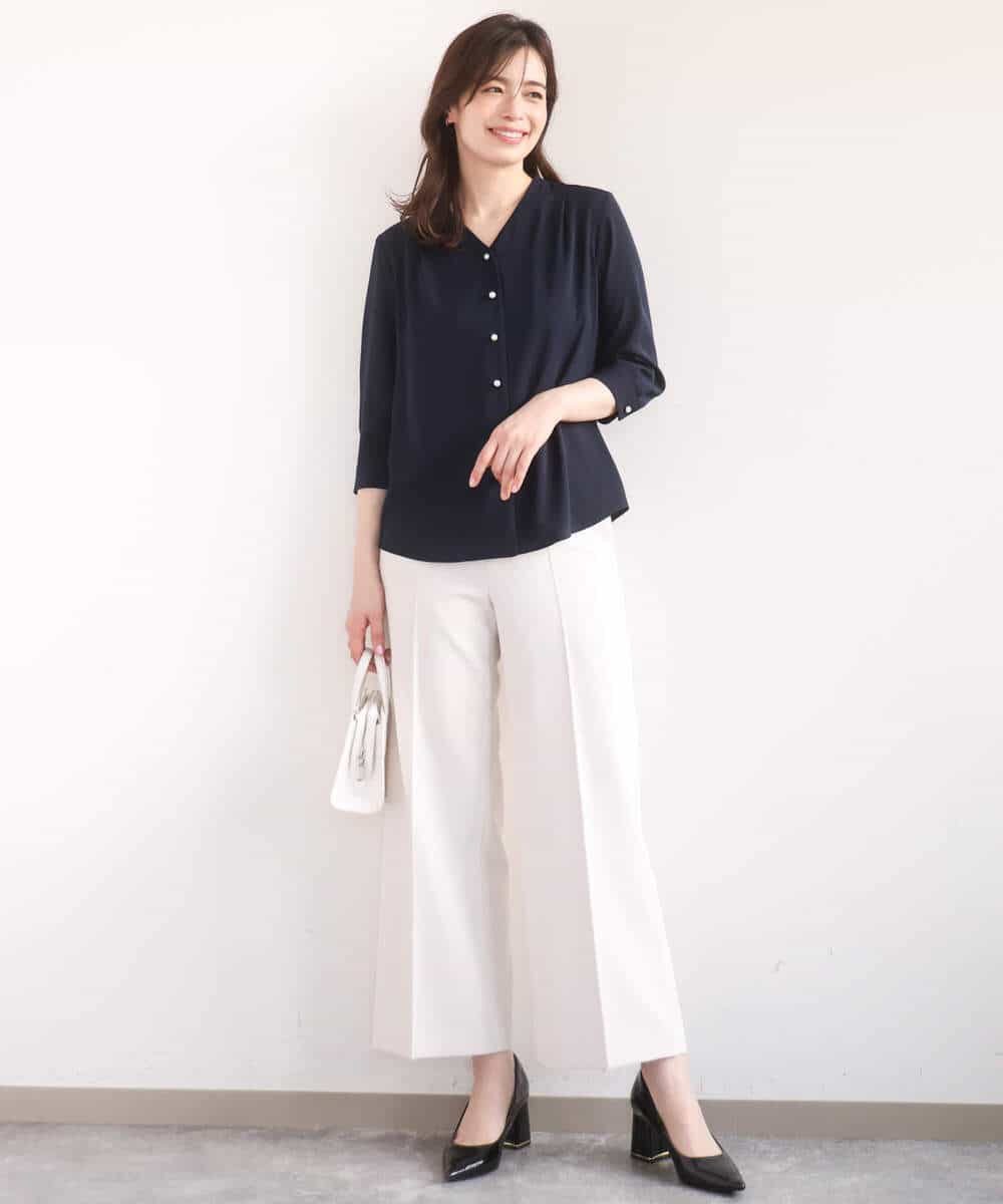 FIBGD21070 OFUON le MK(オフオン　ル　エムケー) サテンジョーゼットVネックブラウス/接触冷感/UVカット/洗える/WEB限定サイズあり ピンク