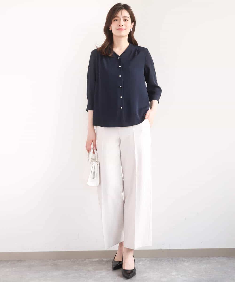 FIBGD21070 OFUON le MK(オフオン　ル　エムケー) サテンジョーゼットVネックブラウス/接触冷感/UVカット/洗える/WEB限定サイズあり ピンク