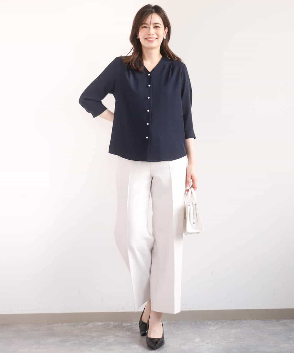 FIBGD21070 OFUON le MK(オフオン　ル　エムケー) サテンジョーゼットVネックブラウス/接触冷感/UVカット/洗える/WEB限定サイズあり ピンク