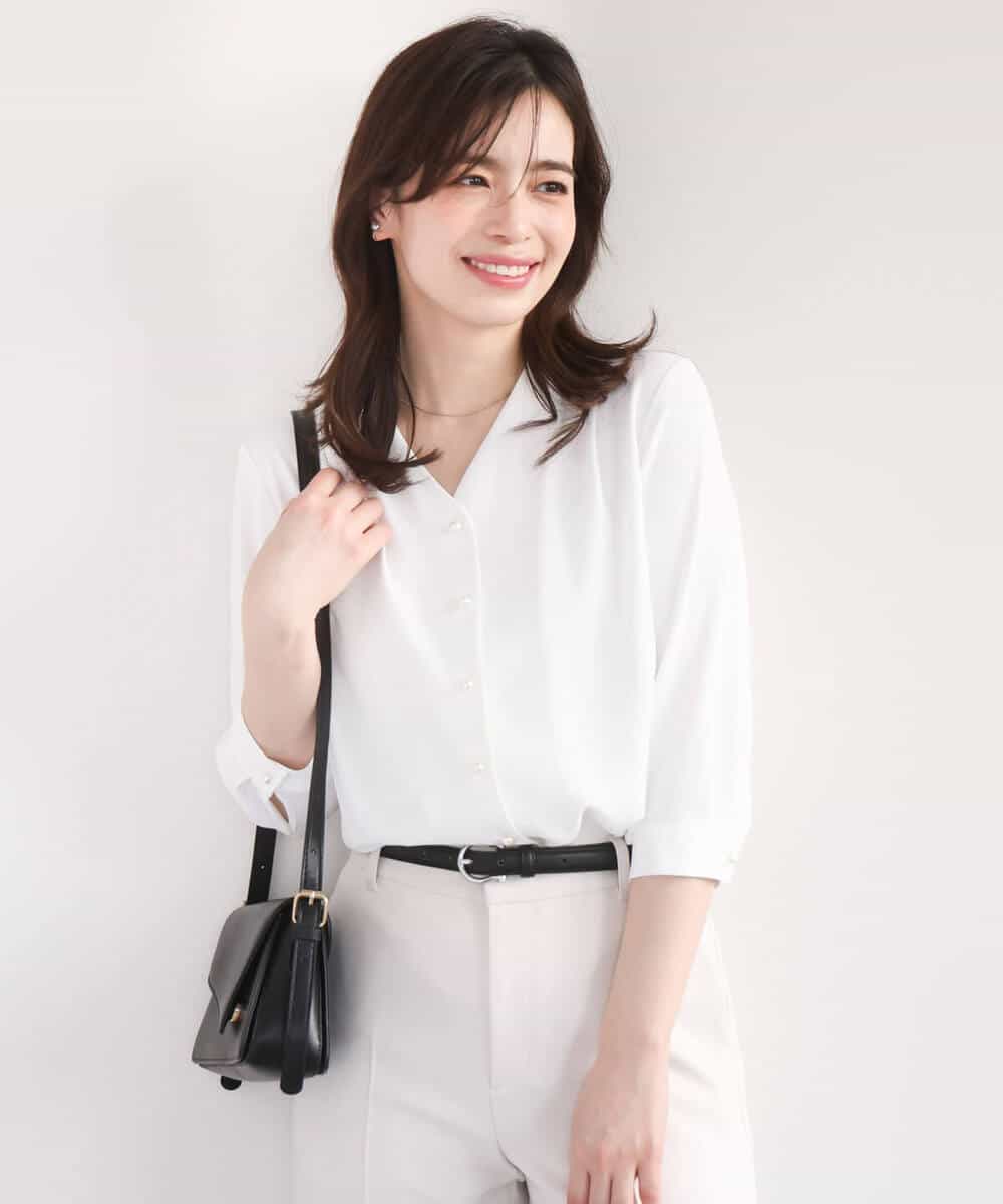 FIBGD21070 OFUON le MK(オフオン　ル　エムケー) サテンジョーゼットVネックブラウス/接触冷感/UVカット/洗える/WEB限定サイズあり ピンク