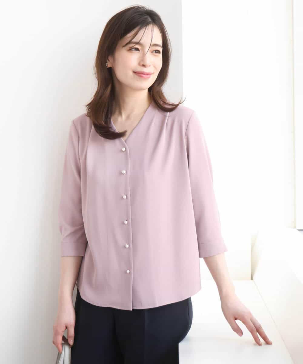 FIBGD21070 OFUON le MK(オフオン　ル　エムケー) サテンジョーゼットVネックブラウス/接触冷感/UVカット/洗える/WEB限定サイズあり ピンク