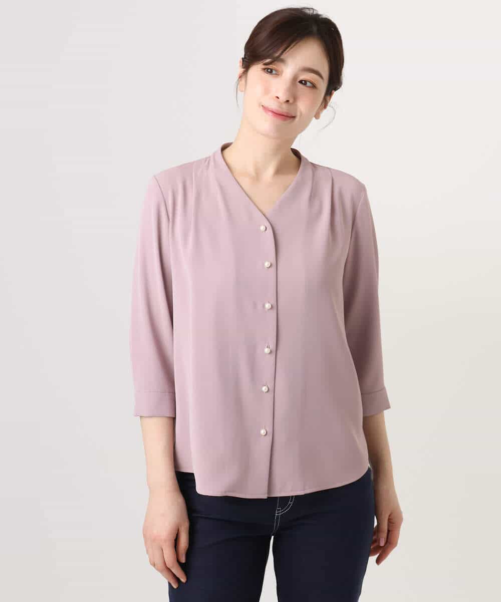 FIBGD21070 OFUON le MK(オフオン　ル　エムケー) サテンジョーゼットVネックブラウス/接触冷感/UVカット/洗える/WEB限定サイズあり ピンク