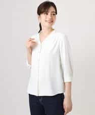 FIBGD21070 OFUON le MK(オフオン　ル　エムケー) サテンジョーゼットVネックブラウス/接触冷感/UVカット/洗える/WEB限定サイズあり ピンク