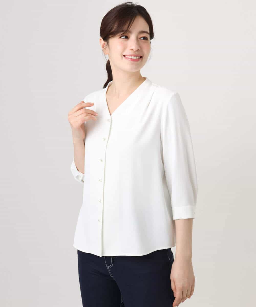 FIBGD21070 OFUON le MK(オフオン　ル　エムケー) サテンジョーゼットVネックブラウス/接触冷感/UVカット/洗える/WEB限定サイズあり ピンク