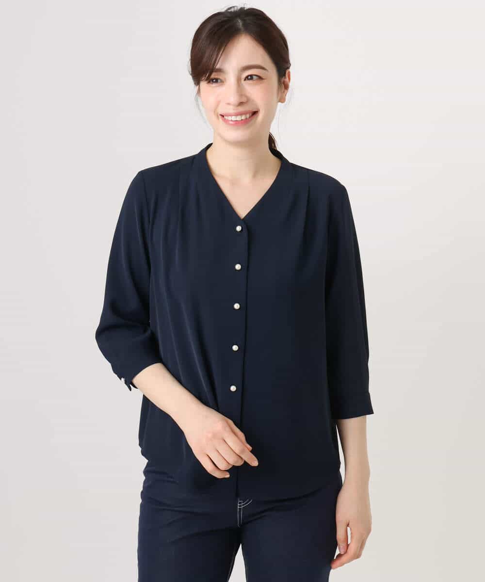 FIBGD21070 OFUON le MK(オフオン　ル　エムケー) サテンジョーゼットVネックブラウス/接触冷感/UVカット/洗える/WEB限定サイズあり ピンク