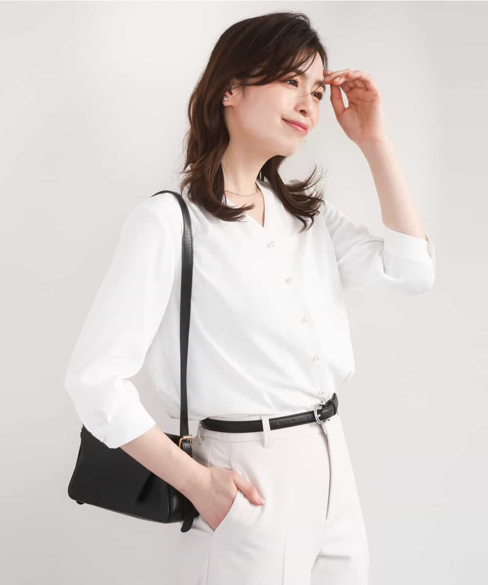 FIBGD21070 OFUON le MK(オフオン　ル　エムケー) サテンジョーゼットVネックブラウス/接触冷感/UVカット/洗える/WEB限定サイズあり ホワイト