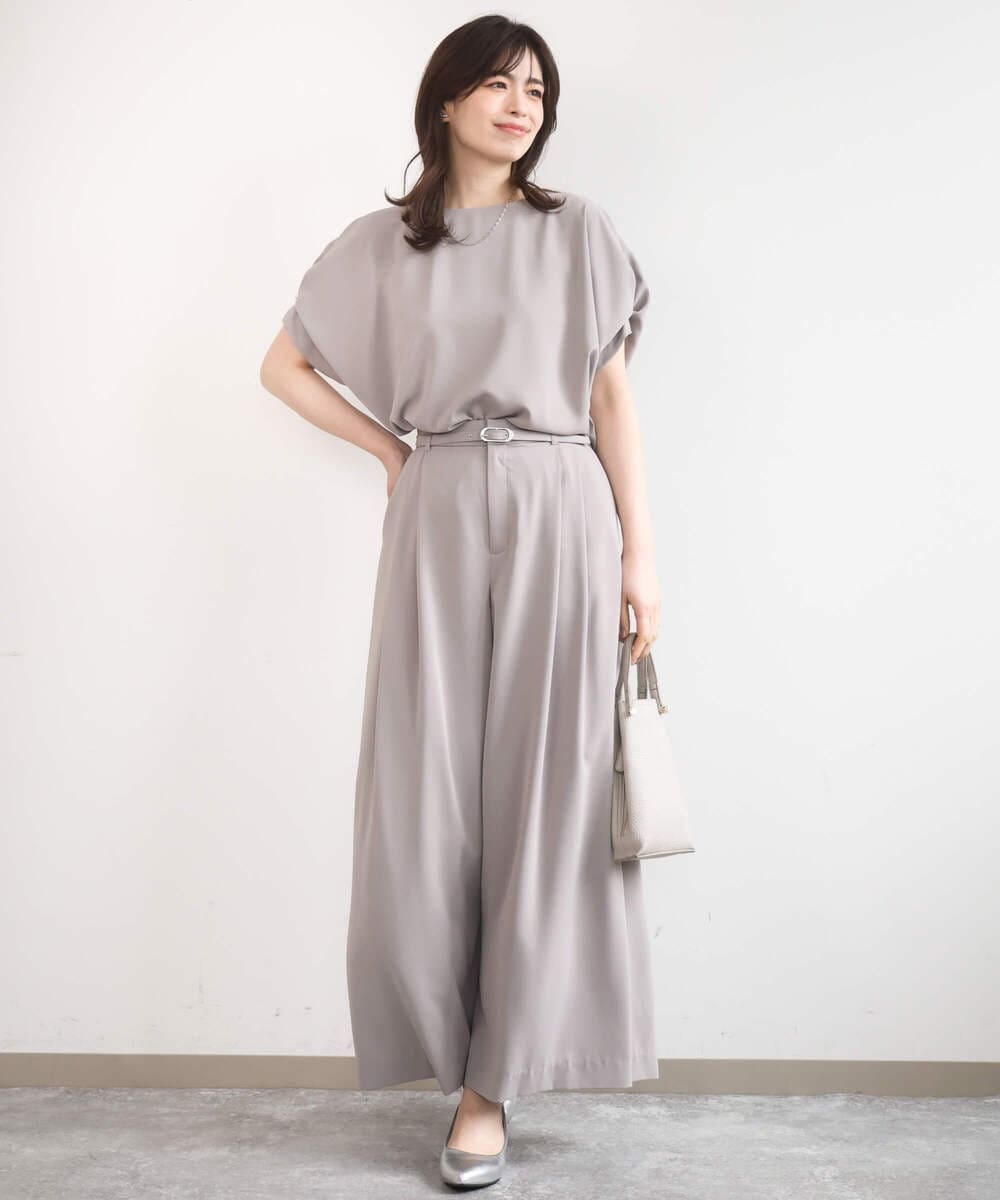 FIBGD22080 OFUON le MK(オフオン　ル　エムケー) ストレッチパール調タックブラウス/UVカット/接触冷感/洗濯機で洗える/WEB限定サイズあり ライトブルー