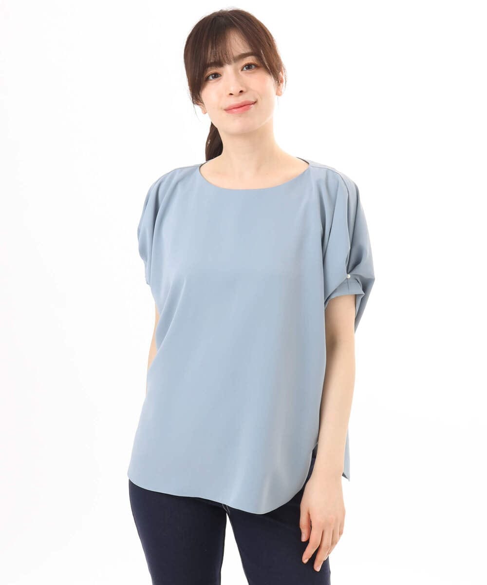 FIBGD22080 OFUON le MK(オフオン　ル　エムケー) ストレッチパール調タックブラウス/UVカット/接触冷感/洗濯機で洗える/WEB限定サイズあり ライトブルー