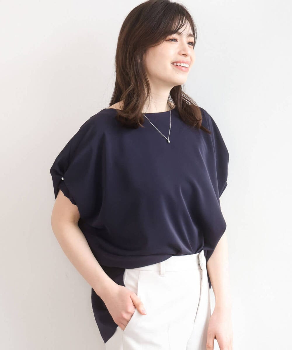 FIBGD22080 OFUON le MK(オフオン　ル　エムケー) ストレッチパール調タックブラウス/UVカット/接触冷感/洗濯機で洗える/WEB限定サイズあり ライトブルー