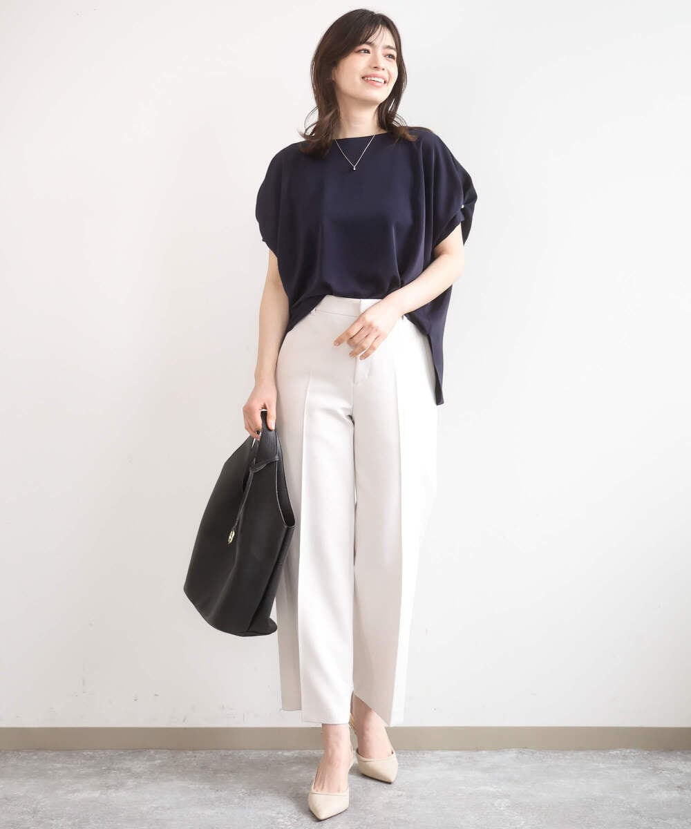 FIBGD22080 OFUON le MK(オフオン　ル　エムケー) ストレッチパール調タックブラウス/UVカット/接触冷感/洗濯機で洗える/WEB限定サイズあり ライトブルー