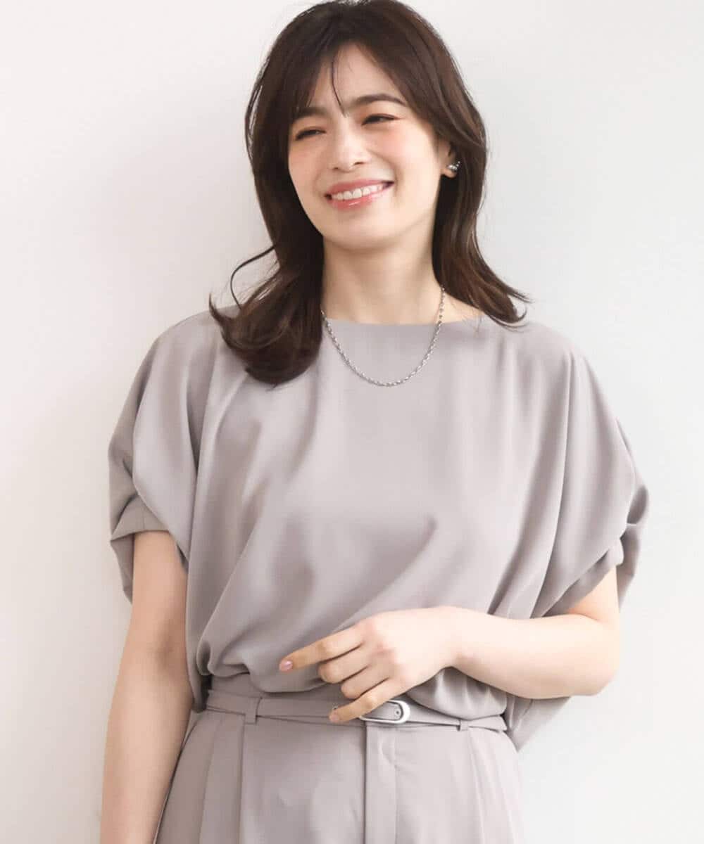 FIBGD22080 OFUON le MK(オフオン　ル　エムケー) ストレッチパール調タックブラウス/UVカット/接触冷感/洗濯機で洗える/WEB限定サイズあり ライトブルー