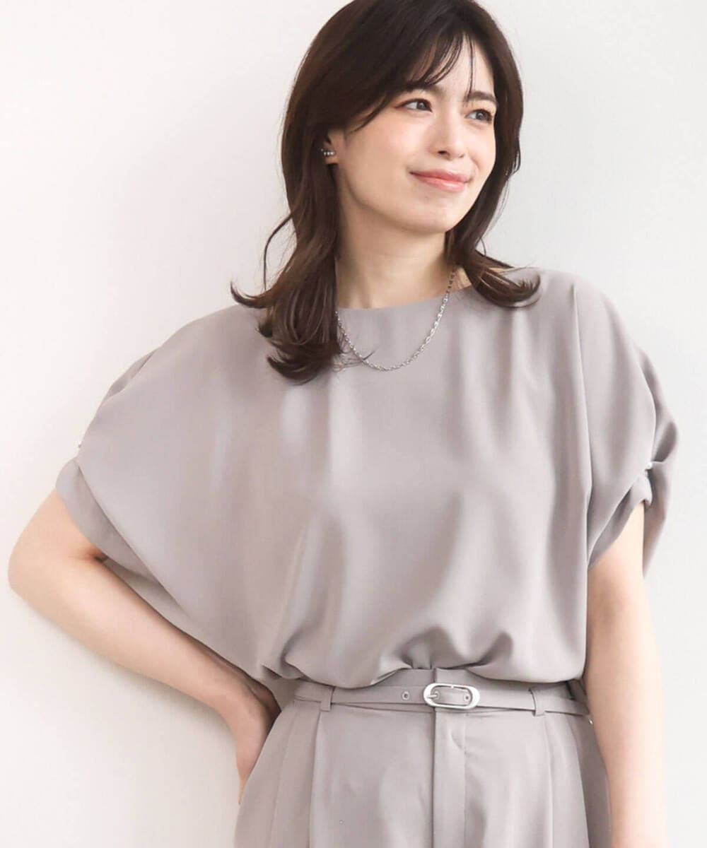 FIBGD22080 OFUON le MK(オフオン　ル　エムケー) ストレッチパール調タックブラウス/UVカット/接触冷感/洗濯機で洗える/WEB限定サイズあり モカベージュ