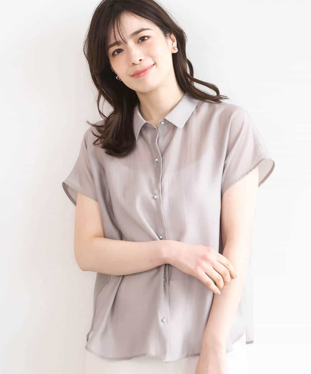 FIBGD23080 OFUON le MK(オフオン　ル　エムケー) メタル釦シアーフレンチスリーブブラウス/接触冷感/洗える/WEB限定サイズあり ライトブルー