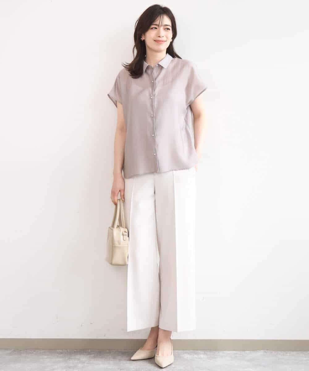 FIBGD23080 OFUON le MK(オフオン　ル　エムケー) メタル釦シアーフレンチスリーブブラウス/接触冷感/洗える/WEB限定サイズあり ライトブルー