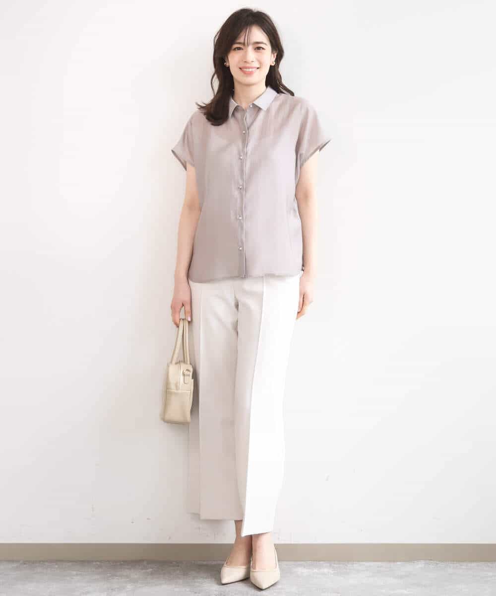 FIBGD23080 OFUON le MK(オフオン　ル　エムケー) メタル釦シアーフレンチスリーブブラウス/接触冷感/洗える/WEB限定サイズあり ライトブルー