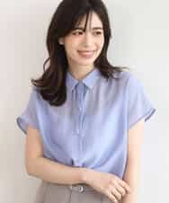 FIBGD23080 OFUON le MK(オフオン　ル　エムケー) メタル釦シアーフレンチスリーブブラウス/接触冷感/洗える/WEB限定サイズあり ライトブルー