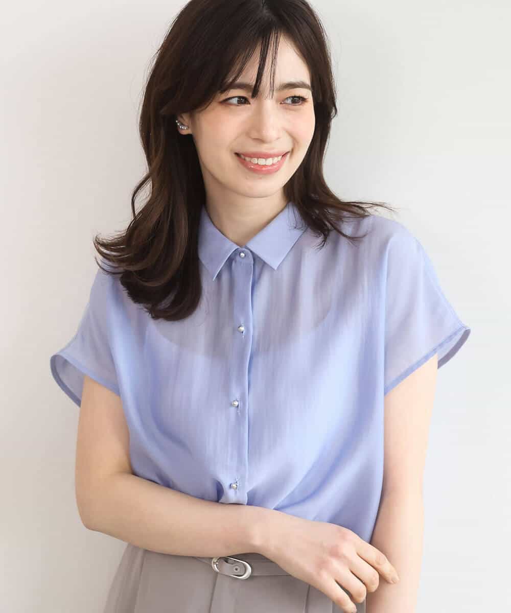 FIBGD23080 OFUON le MK(オフオン　ル　エムケー) メタル釦シアーフレンチスリーブブラウス/接触冷感/洗える/WEB限定サイズあり ライトブルー