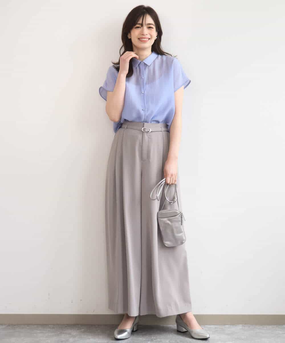 FIBGD23080 OFUON le MK(オフオン　ル　エムケー) メタル釦シアーフレンチスリーブブラウス/接触冷感/洗える/WEB限定サイズあり ライトブルー