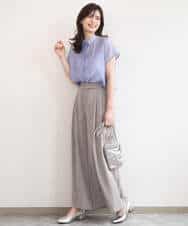 FIBGD23080 OFUON le MK(オフオン　ル　エムケー) メタル釦シアーフレンチスリーブブラウス/接触冷感/洗える/WEB限定サイズあり ライトブルー