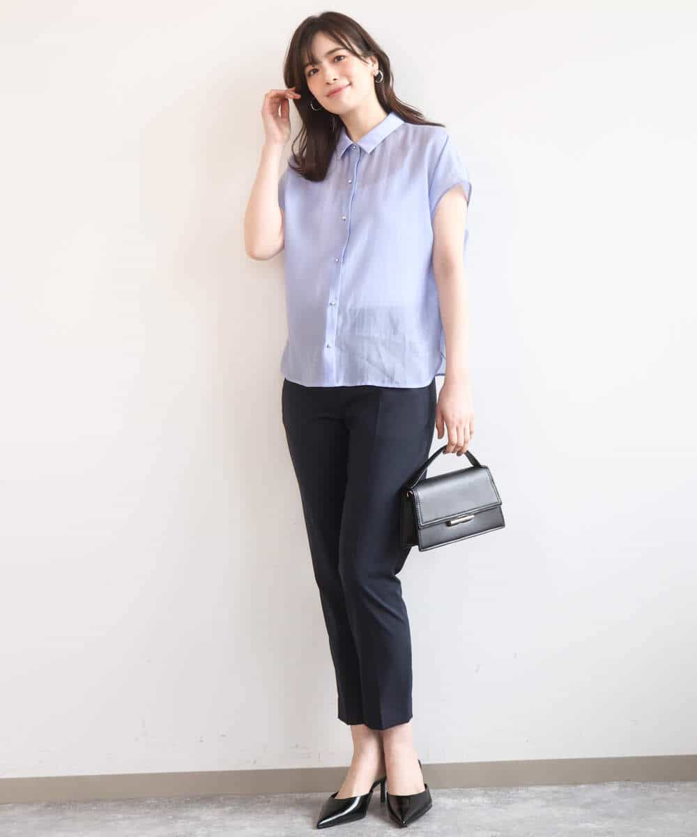 FIBGD23080 OFUON le MK(オフオン　ル　エムケー) メタル釦シアーフレンチスリーブブラウス/接触冷感/洗える/WEB限定サイズあり ライトブルー