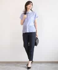 FIBGD23080 OFUON le MK(オフオン　ル　エムケー) メタル釦シアーフレンチスリーブブラウス/接触冷感/洗える/WEB限定サイズあり ライトブルー