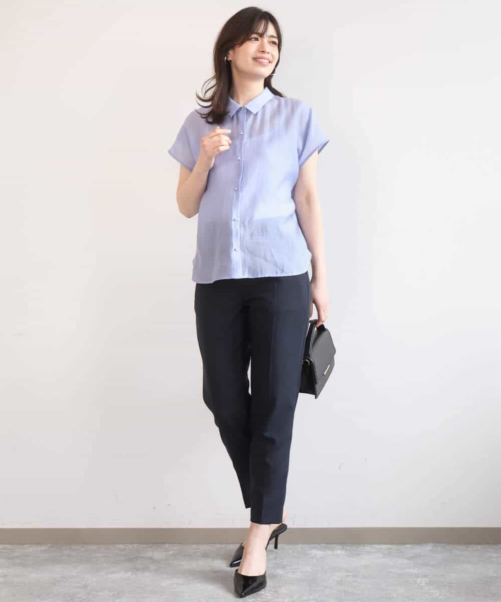 FIBGD23080 OFUON le MK(オフオン　ル　エムケー) メタル釦シアーフレンチスリーブブラウス/接触冷感/洗える/WEB限定サイズあり ライトブルー