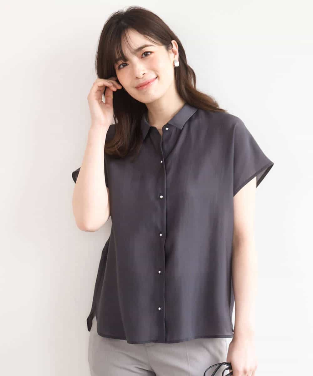 FIBGD23080 OFUON le MK(オフオン　ル　エムケー) メタル釦シアーフレンチスリーブブラウス/接触冷感/洗える/WEB限定サイズあり ライトブルー