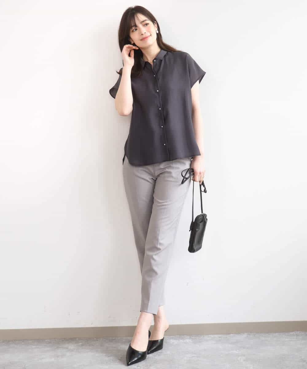 FIBGD23080 OFUON le MK(オフオン　ル　エムケー) メタル釦シアーフレンチスリーブブラウス/接触冷感/洗える/WEB限定サイズあり ライトブルー