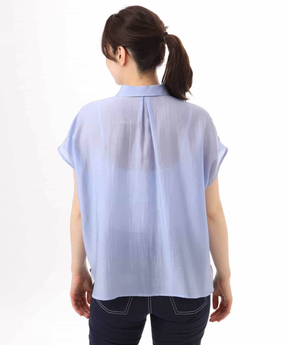 FIBGD23080 OFUON le MK(オフオン　ル　エムケー) メタル釦シアーフレンチスリーブブラウス/接触冷感/洗える/WEB限定サイズあり ライトブルー