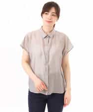 FIBGD23080 OFUON le MK(オフオン　ル　エムケー) メタル釦シアーフレンチスリーブブラウス/接触冷感/洗える/WEB限定サイズあり ライトブルー