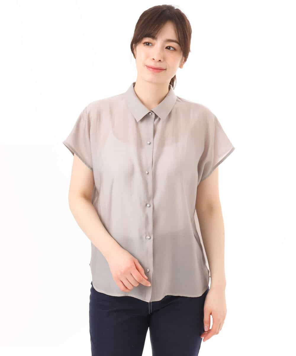 FIBGD23080 OFUON le MK(オフオン　ル　エムケー) メタル釦シアーフレンチスリーブブラウス/接触冷感/洗える/WEB限定サイズあり ライトブルー