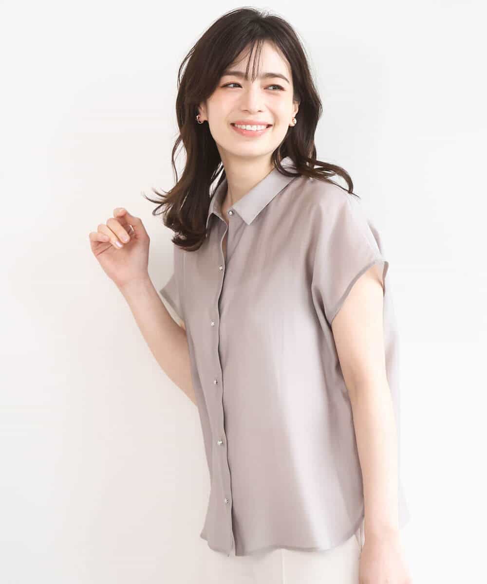 FIBGD23080 OFUON le MK(オフオン　ル　エムケー) メタル釦シアーフレンチスリーブブラウス/接触冷感/洗える/WEB限定サイズあり ベージュ