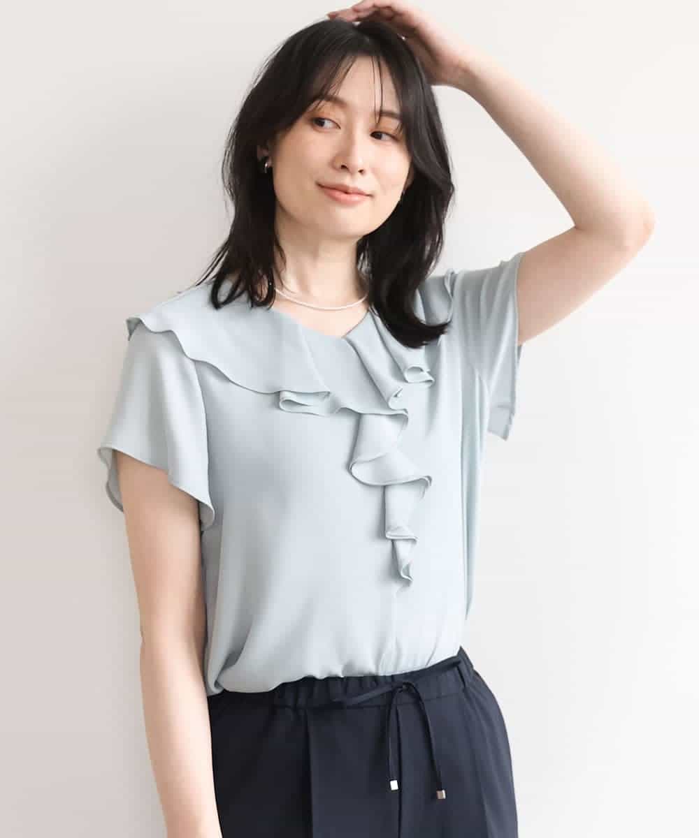 FIBGD25080 OFUON le MK(オフオン　ル　エムケー) フロントフリルVネックブラウス/UVカット/接触冷感/速乾性/洗濯機で洗える/WEB限定サイズあり ミント