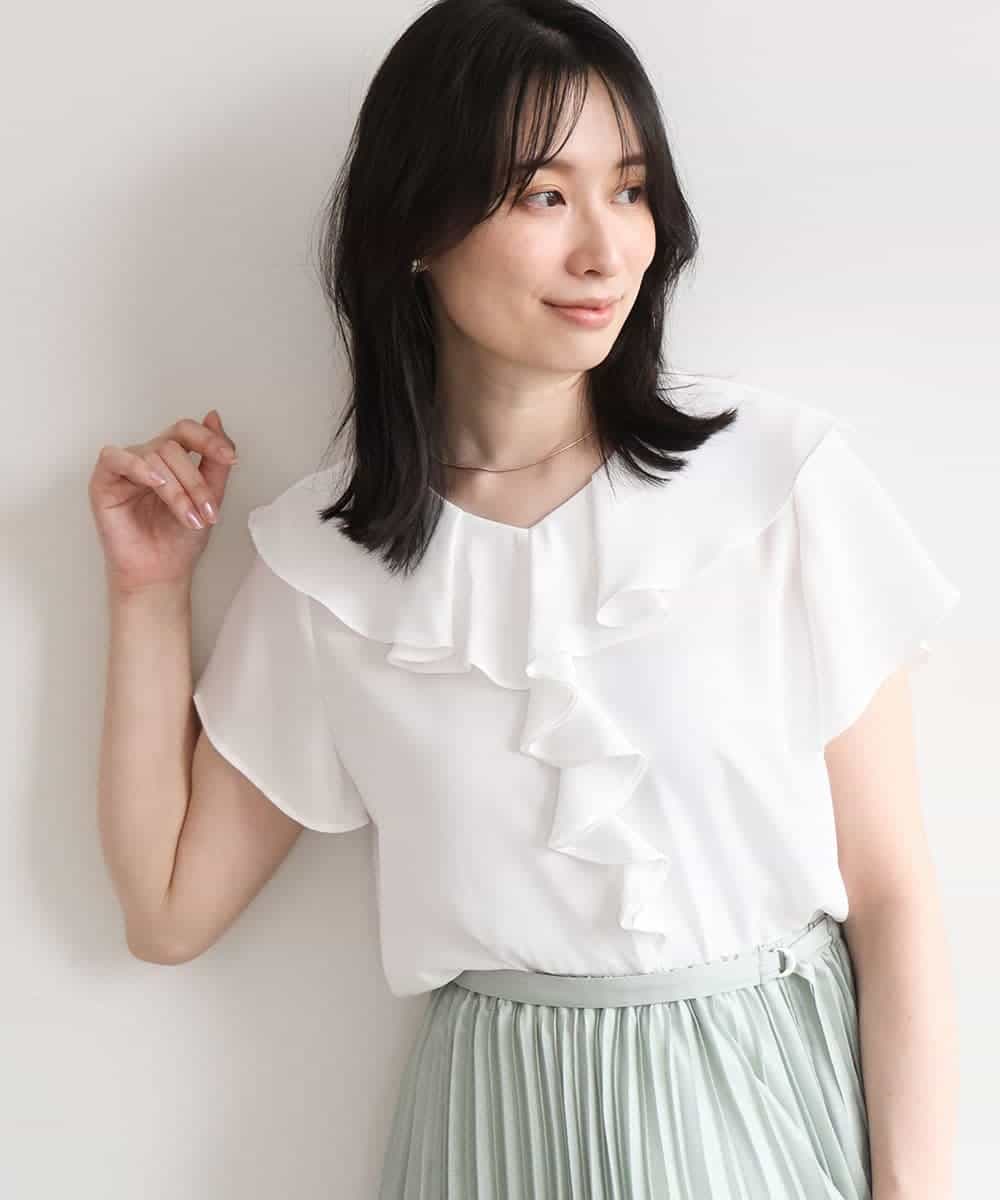 FIBGD25080 OFUON le MK(オフオン　ル　エムケー) フロントフリルVネックブラウス/UVカット/接触冷感/速乾性/洗濯機で洗える/WEB限定サイズあり ミント