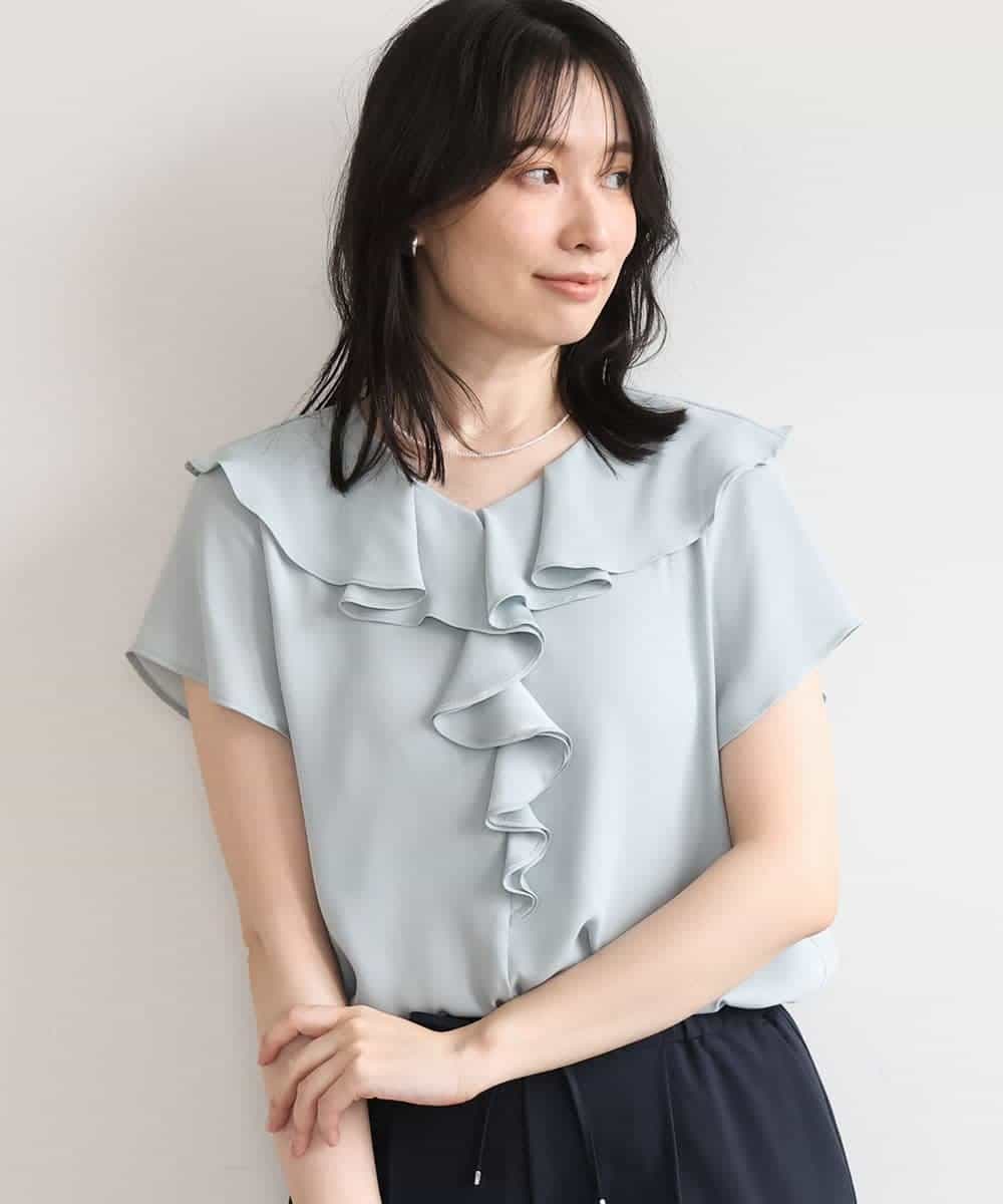 FIBGD25080 OFUON le MK(オフオン　ル　エムケー) フロントフリルVネックブラウス/UVカット/接触冷感/速乾性/洗濯機で洗える/WEB限定サイズあり ミント